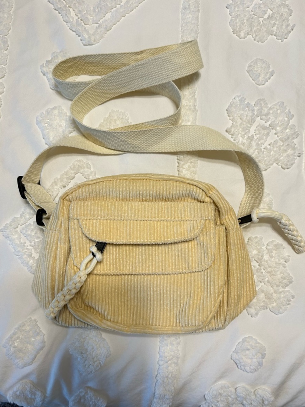 Neutral Cream Corduroy Crossbody Bag with Braided Pull